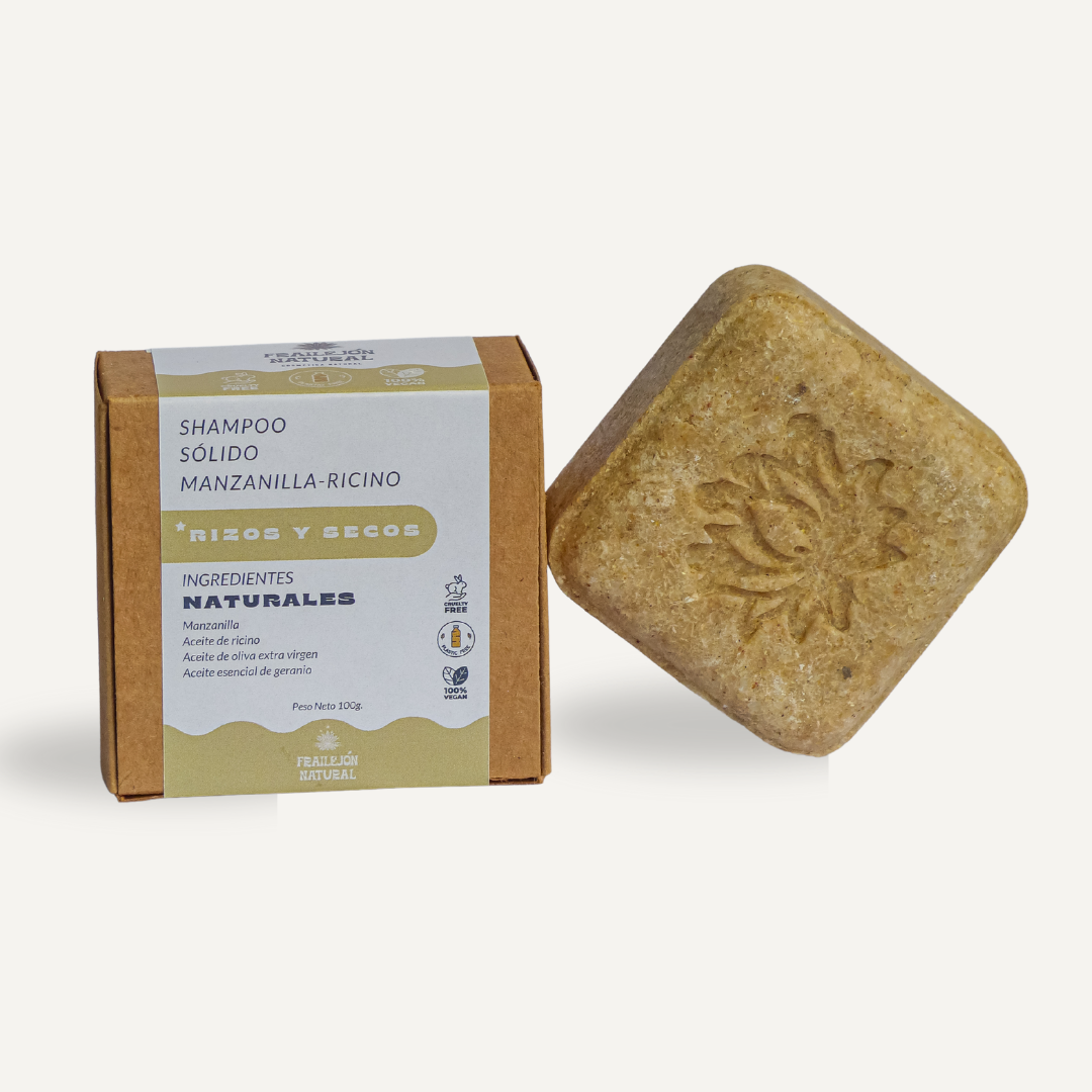 Shampoo sólido de Manzanilla y Ricino de Frailejon.cl, especial para rizos y cabello seco.
