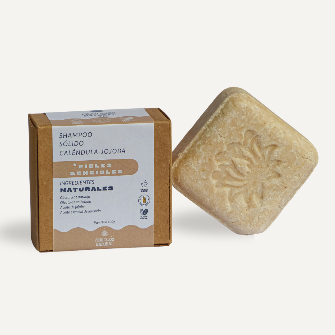 Shampoo sólido de Caléndula y Jojoba de Frailejon.cl, ideal para pieles sensibles.